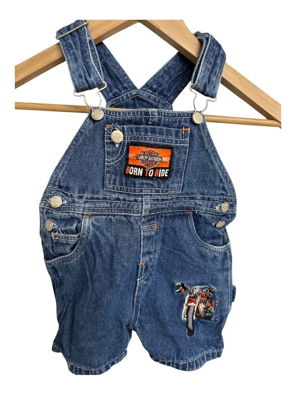Harley-Davidson Kids' Blue Denim Short Overalls - Born to Ride Size 12M